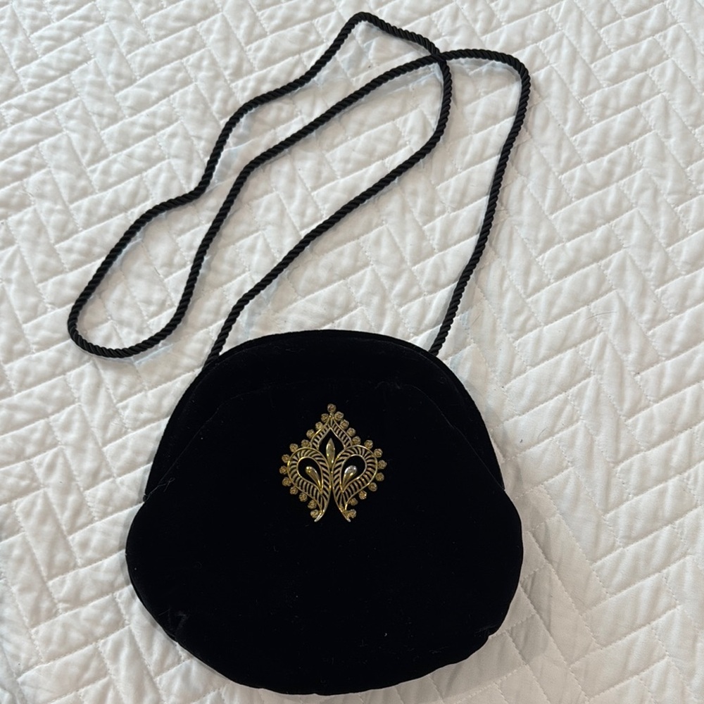 Black Velvet Crossbody Bag with Gold Embellishment